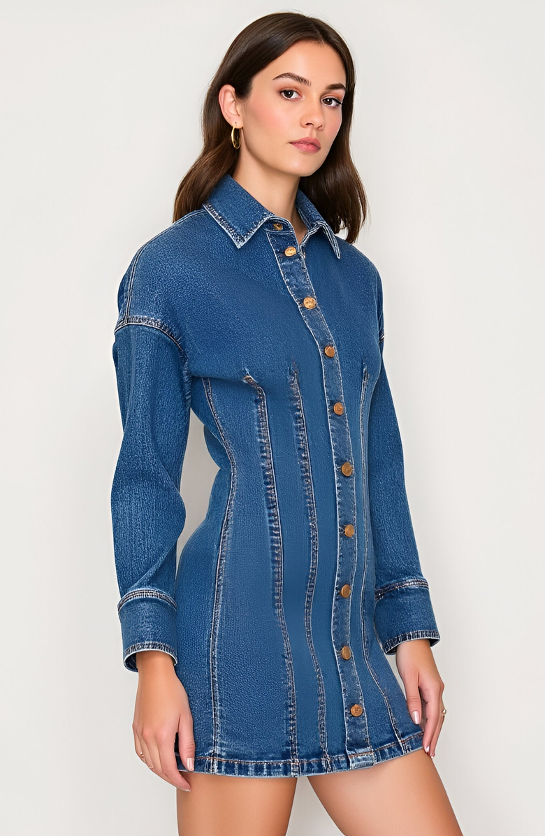 Modenaire Denim Button Front Mini Dress with Long Sleeves and Contrast Seaming, Alternate, color, 