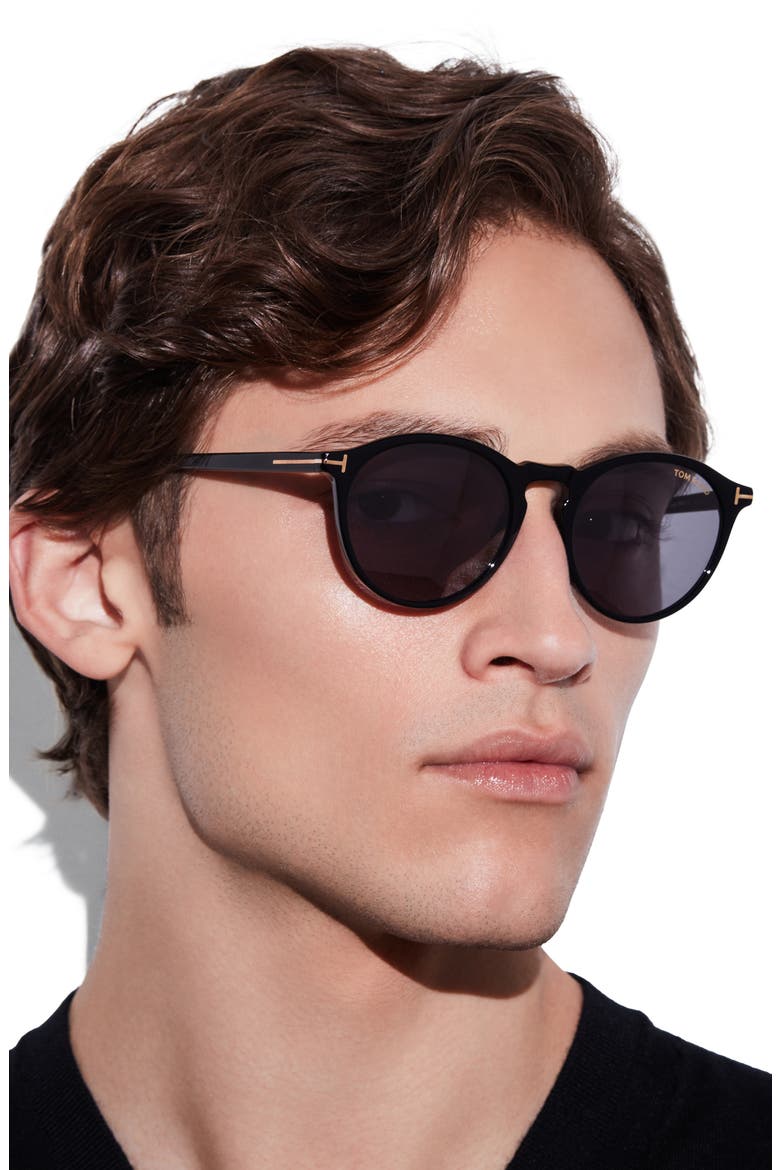 52mm Polarized Round Sunglasses, Alternate, color, SHINY BLACK / SMOKE