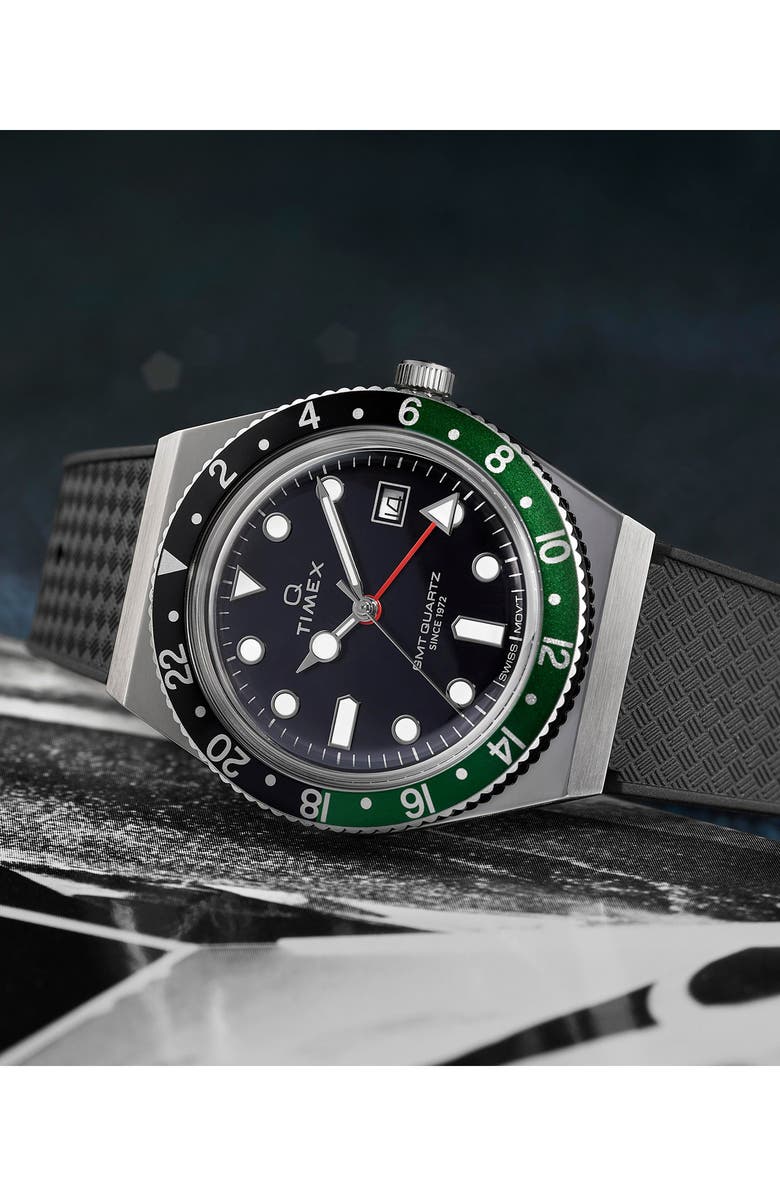 Timex<sup>®</sup> Q Timex GMT Synthetic Rubber Strap Watch, 38mm, Alternate, color, Black
