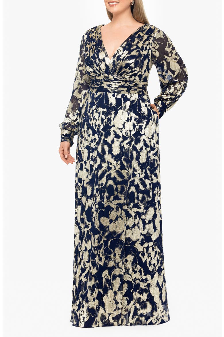Long Sleeve Foil Print A-Line Gown, Alternate, color, NAVY/ GOLD