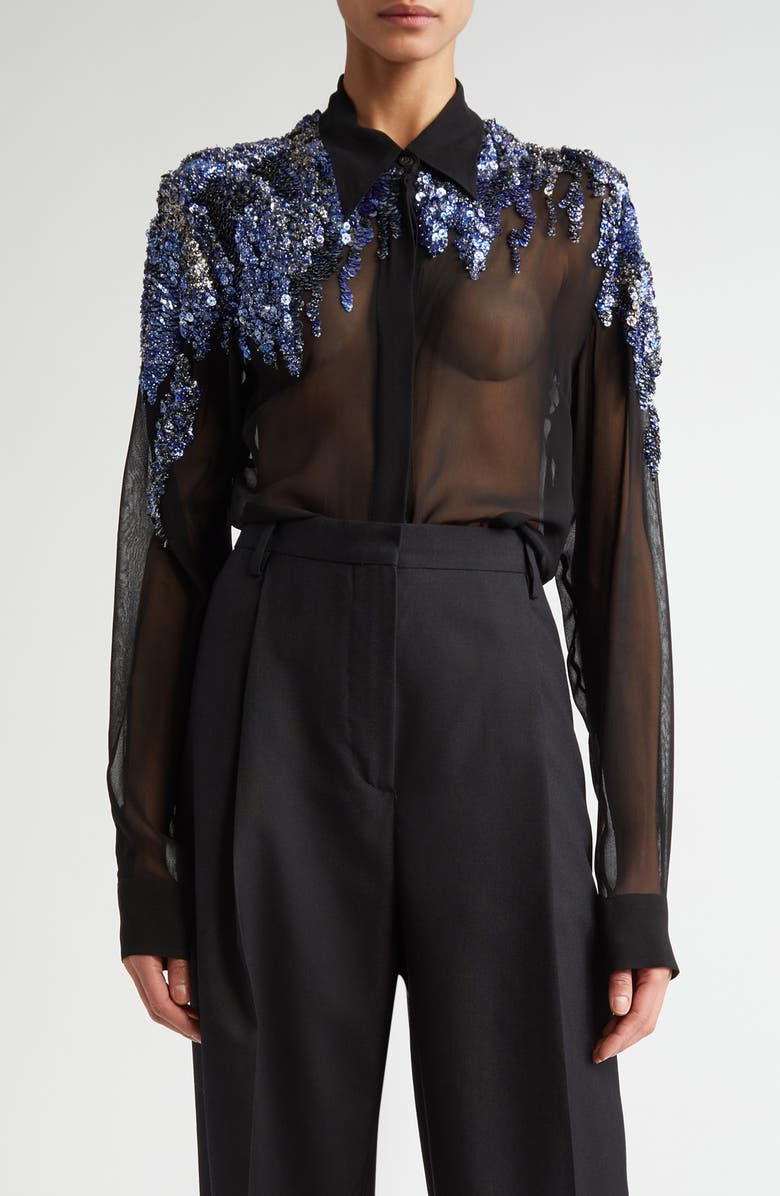 Chowy Sequin Embellished Sheer Chiffon Button-Up Shirt