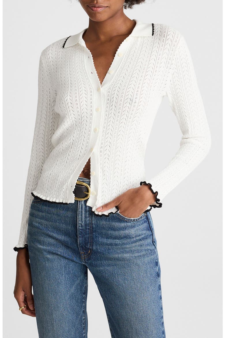 Ruffle Trim Pointelle Cardigan, Main, color, SOFT WHITE W/ BLACK TIPPING