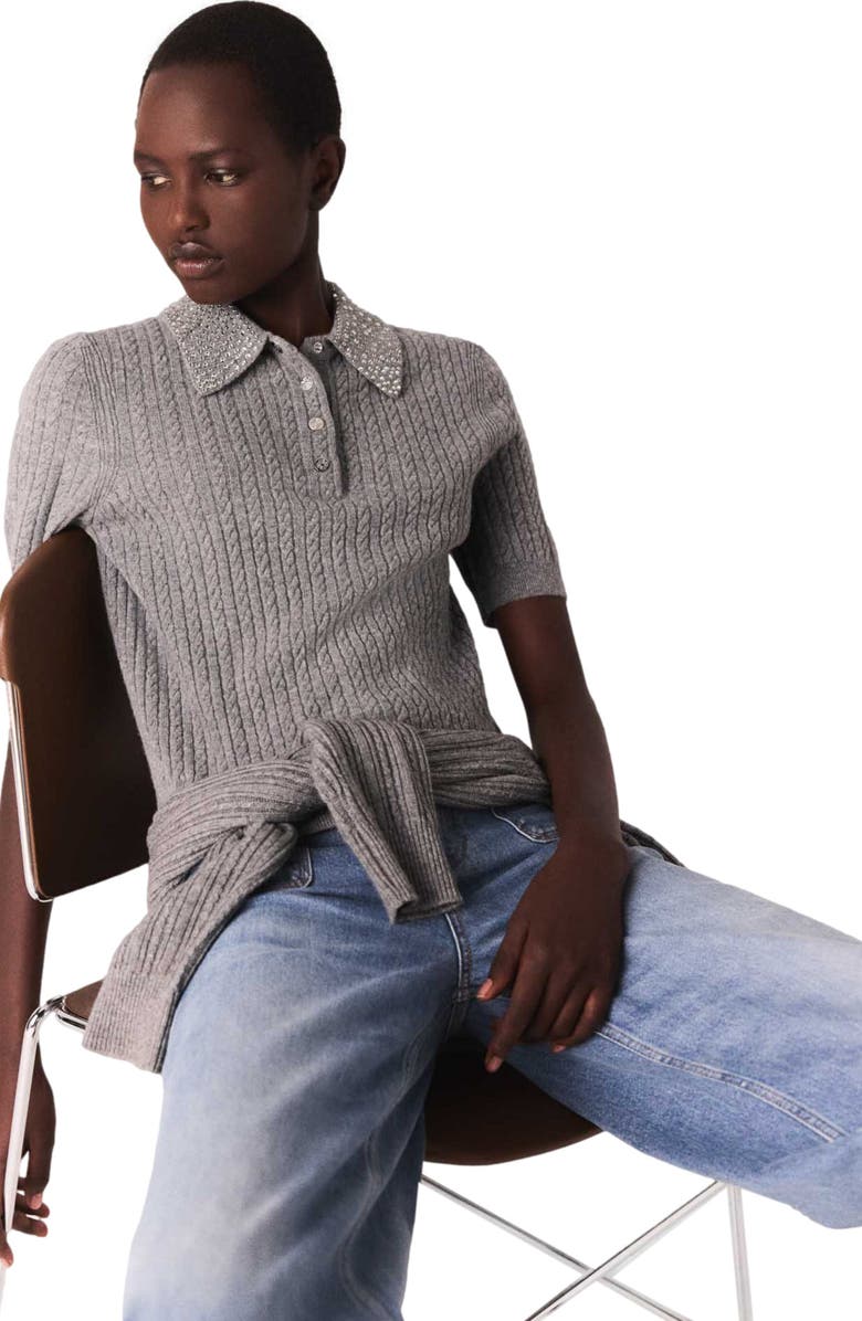 maje Wool polo shirt with rhinestone collar, Alternate, color, Grey