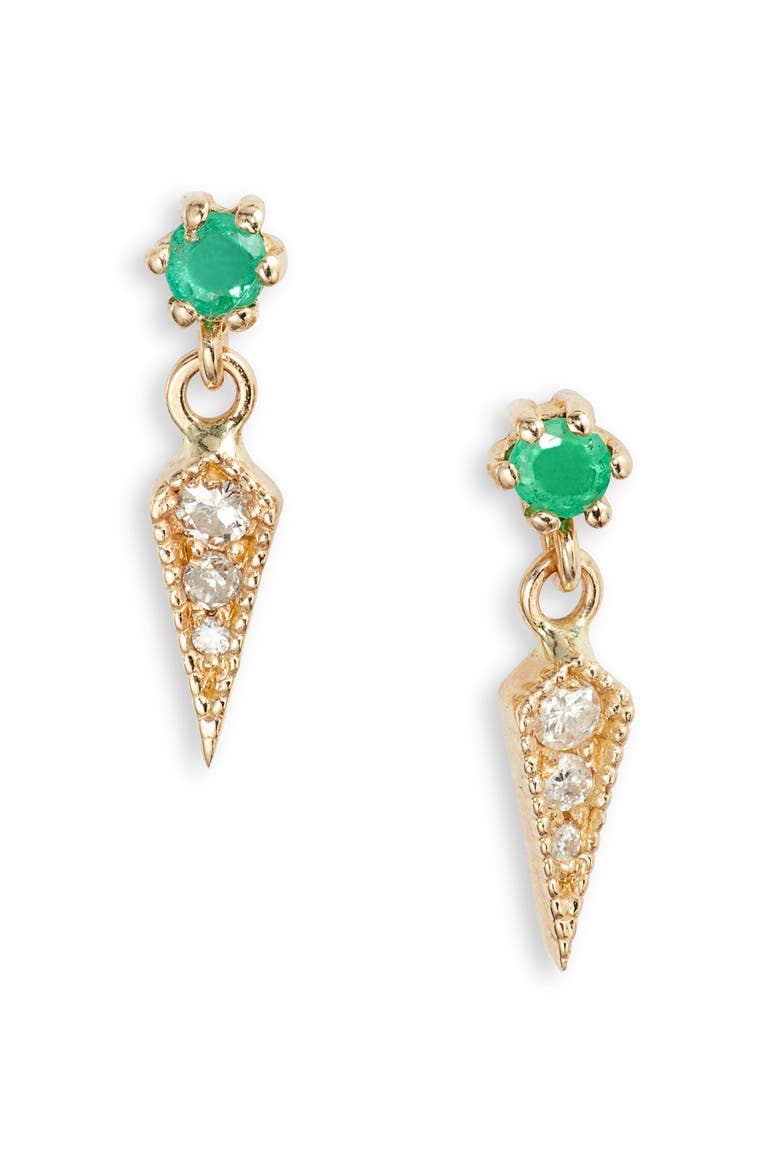 Diamond & Emerald Drop Earrings, Main, color, YELLOW GOLD