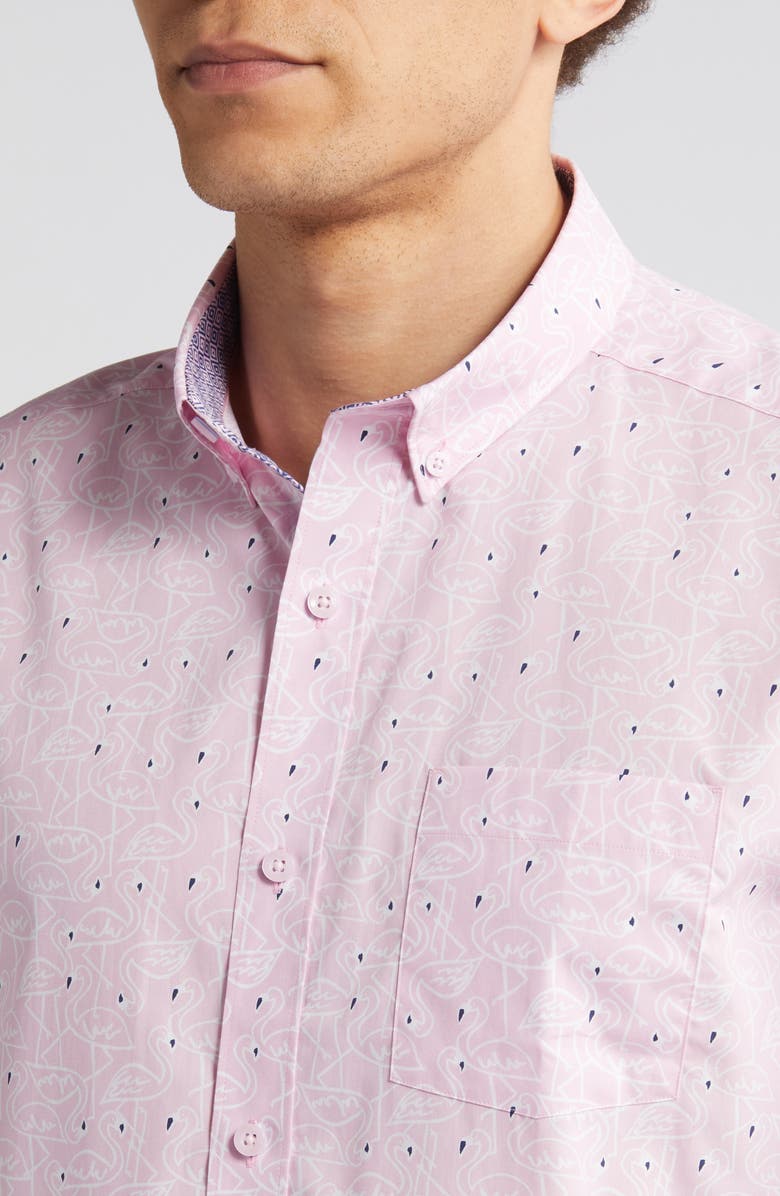 Johnston & Murphy Flamingo Print Short Sleeve Cotton Button-Down Shirt, Alternate, color,