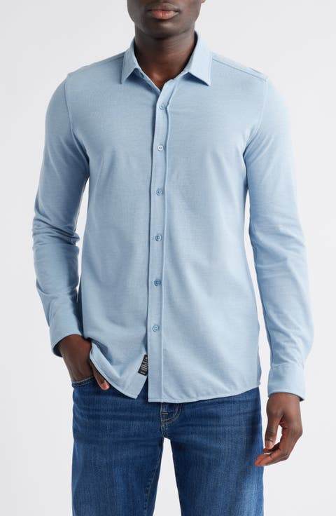 Cotton Blend Knit Button-Up Shirt