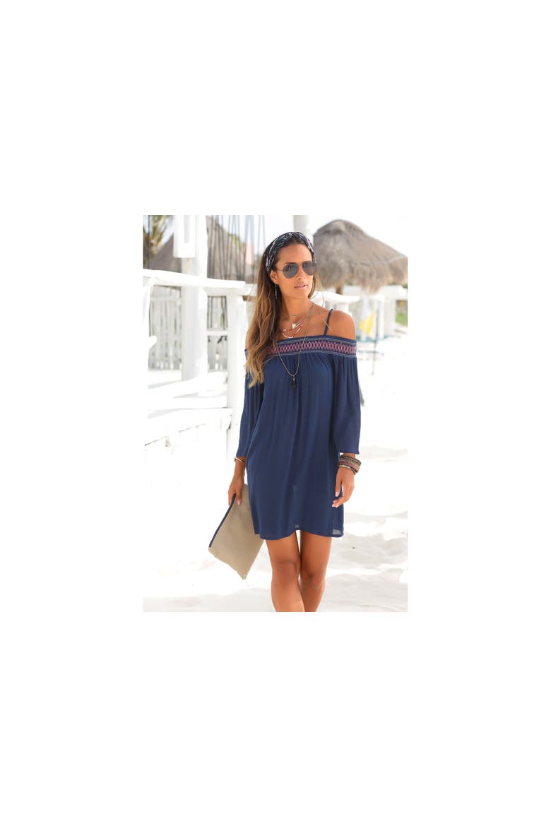 Embroidered Cold Shoulder Dress, Alternate, color, Navy