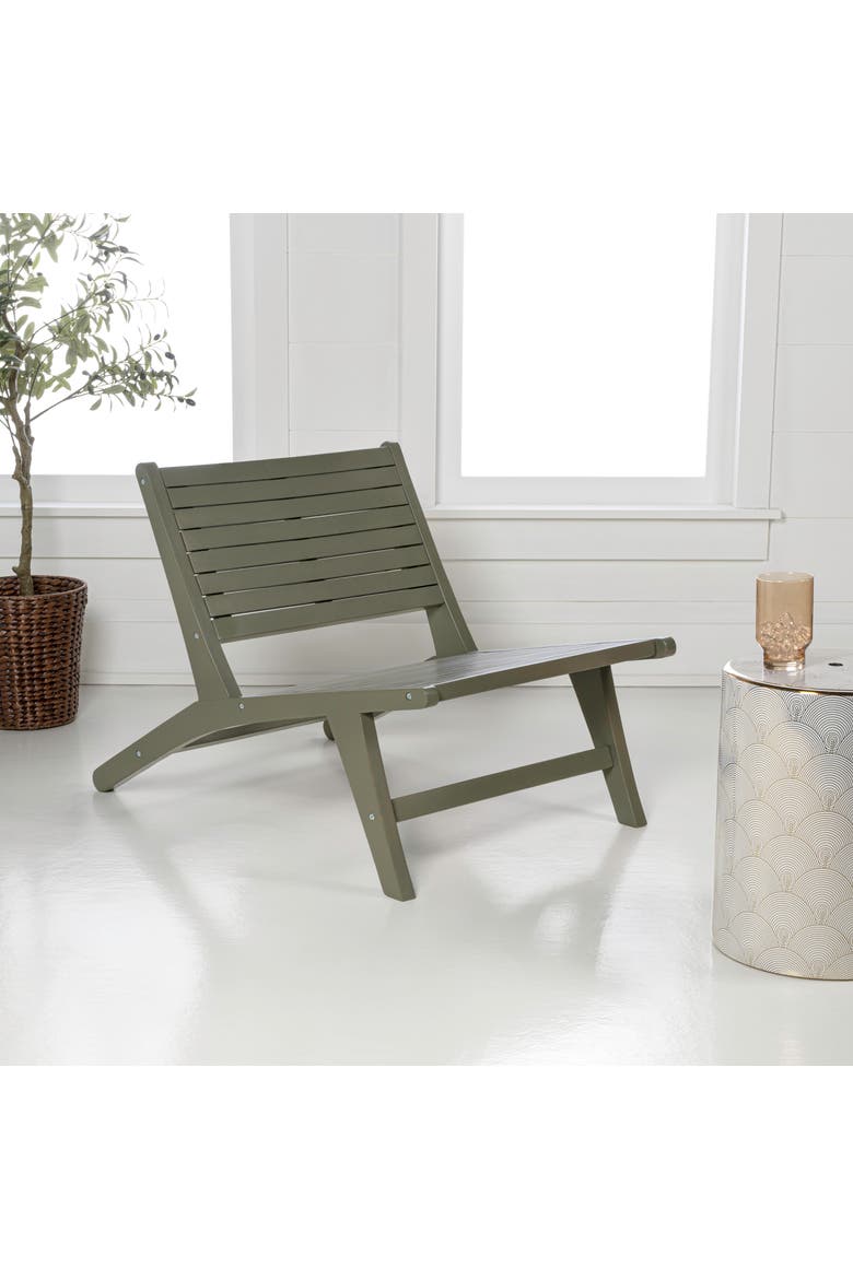 Leo Modern Solid Indonesian Wood Armless Outdoor Lounge Chair, Slatted Low Profile Seating for Patio, Porch or Garden, Alternate, color, Olive Green