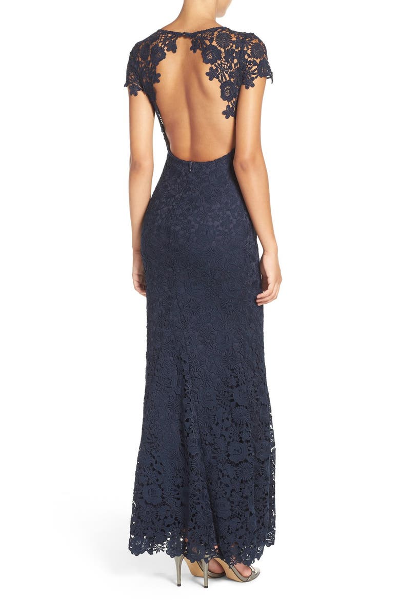 Lulu's Open Back Cap Sleeve Lace Mermaid Gown, Alternate, color, NAVY