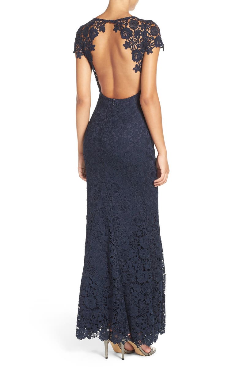 Lulus Lulu's Open Back Cap Sleeve Lace Mermaid Gown, Alternate, color, 