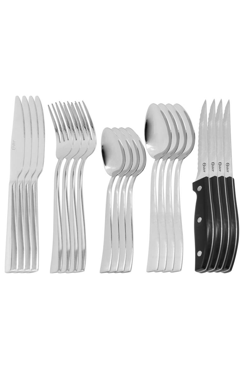 OSTER Stonington 20 Piece Flatware Set with Steak Knives in Polished Stainless Steel, Alternate, color, Silver