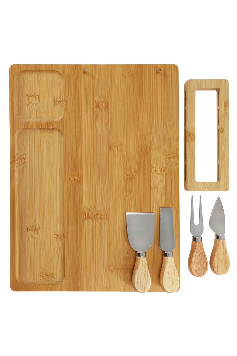 Wood Charcuterie and Cheese Board with Knife Stand Attachment and 4 Piece Knife Set, Alternate, color, Bamboo