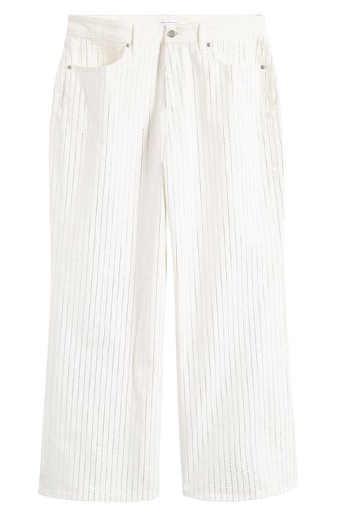 Good Ease Rhinestone Pinstripe Wide Leg Jeans (Cloud White 001) (Regular & Plus)