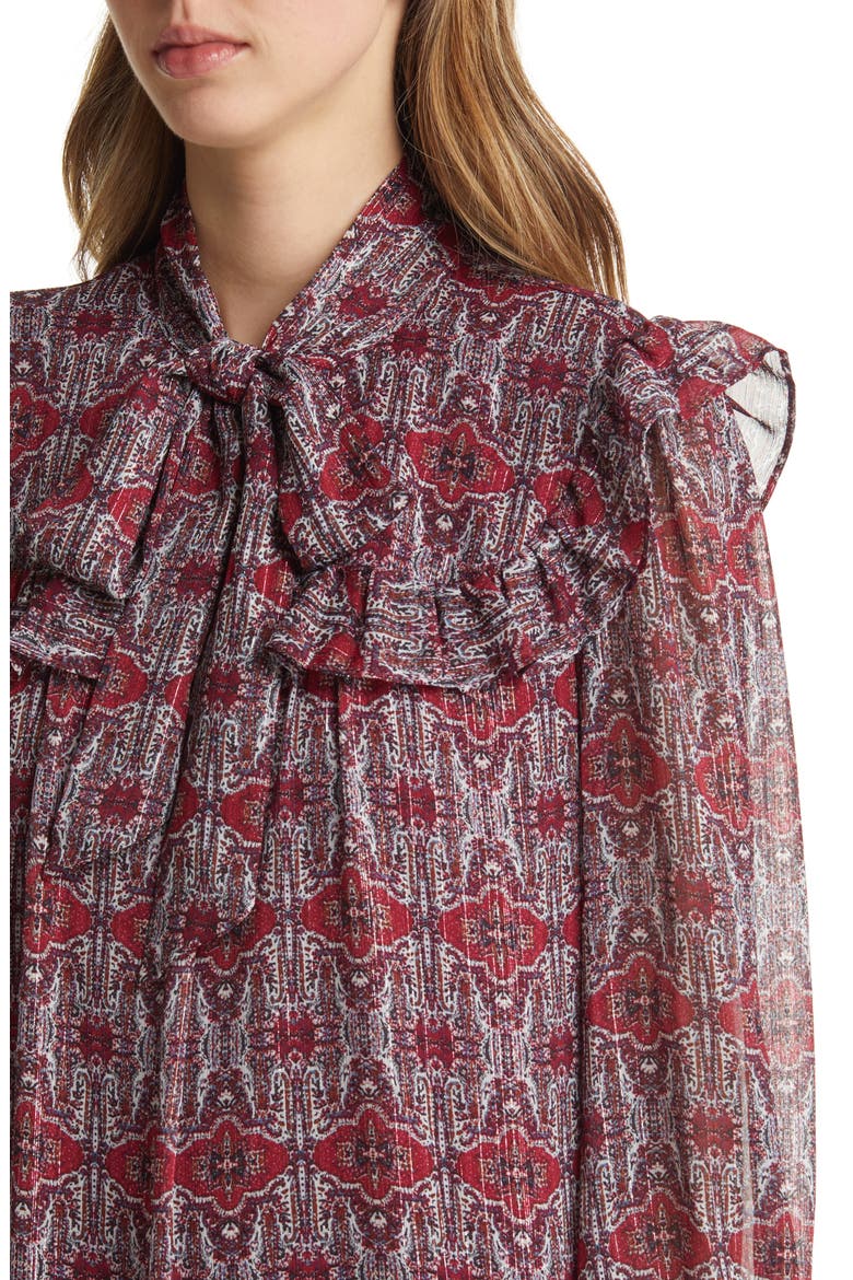 Ruffle Yoke Tie Neck Long Sleeve Dress, Alternate, color, RED MULTI