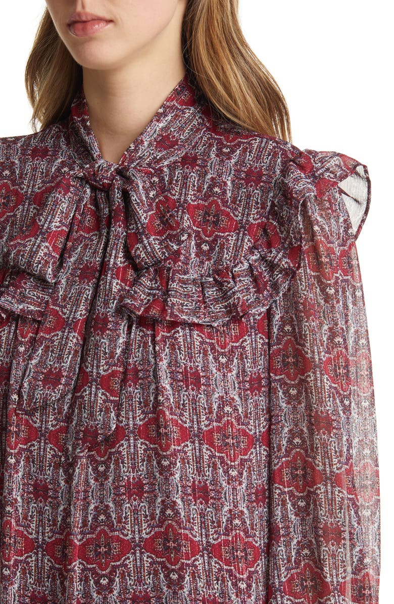 Julia Jordan Ruffle Yoke Tie Neck Long Sleeve Dress, Alternate, color, Red Multi