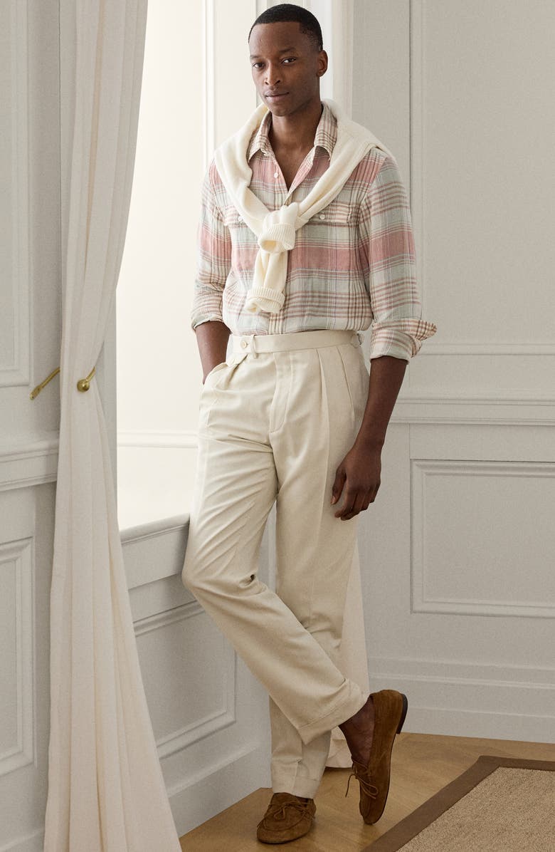 Ralph Lauren Purple Label Plaid Linen Button-Up Shirt, Alternate, color, Raspberry