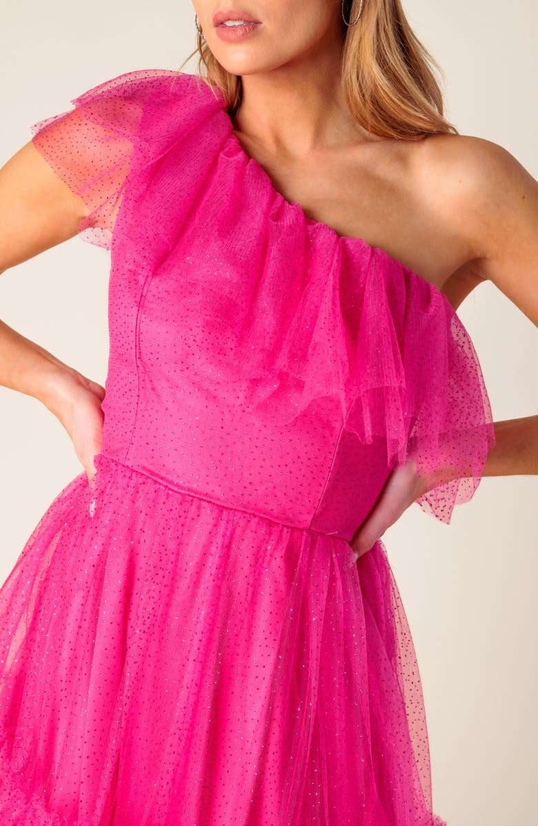 FLYING TOMATO One-Shoulder Tulle Midi Dress, Alternate, color, Fuchsia