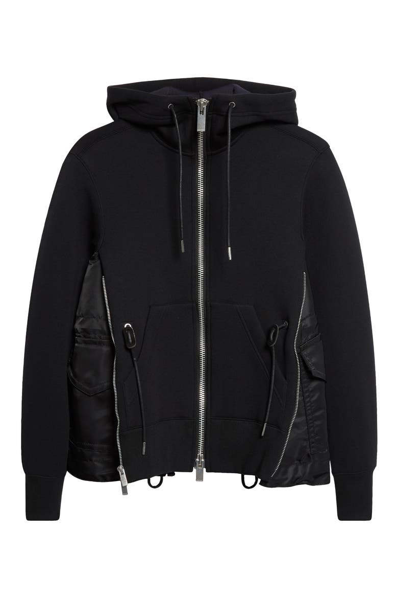 Mixed Media Scuba Knit & Nylon Twill Hoodie, Main, color, BLACK/ BLACK