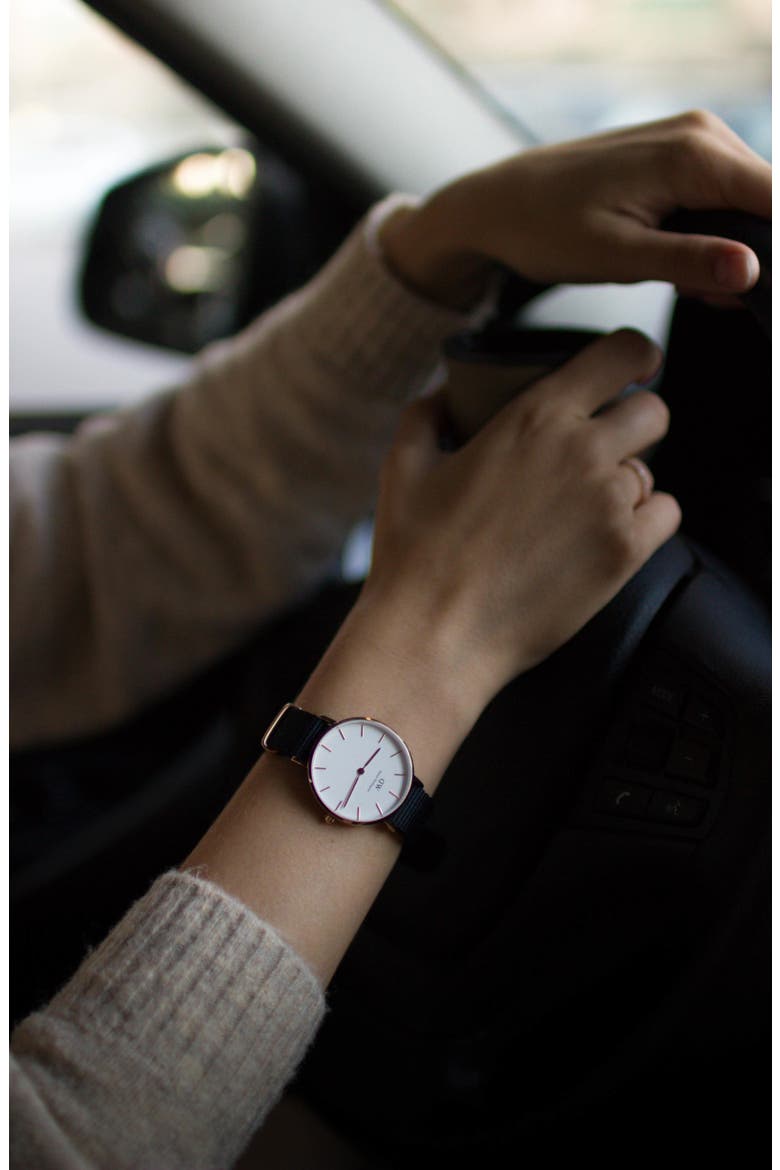 Classic Petite NATO Strap Watch, 32mm, Alternate, color, BLACK/ WHITE/ ROSE GOLD