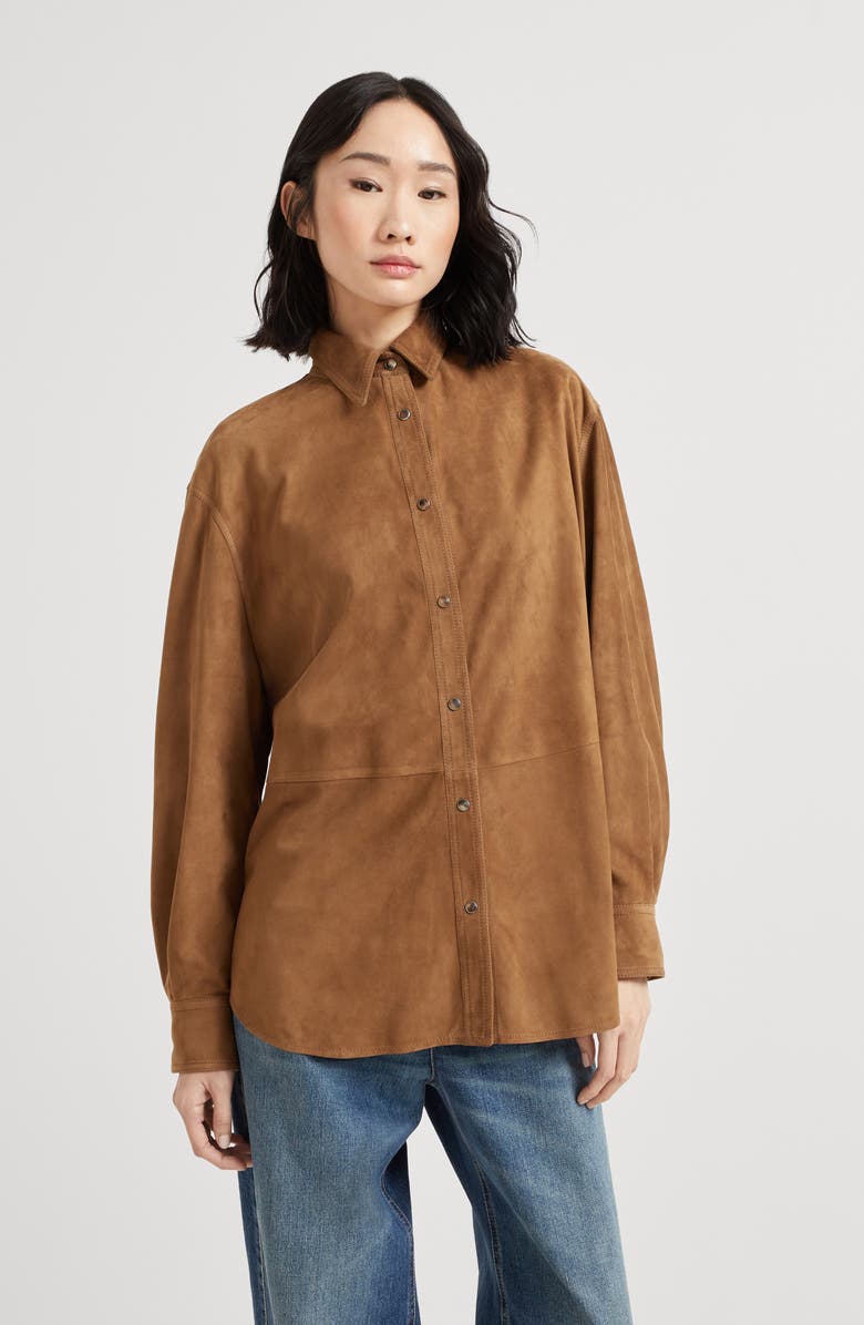 Brunello Cucinelli Suede shirt with monili, Alternate, color, Light Brown