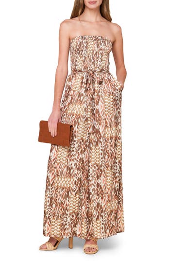 Flying Tomato Strapless Wide Leg Jumpsuit In Brown