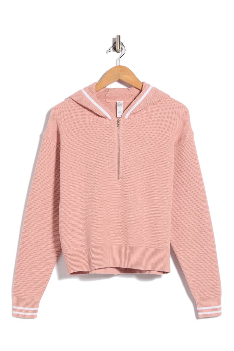Striped Rib Knit Half-Zip Hoodie, Main, color, PALE MAUVE/ WHITE