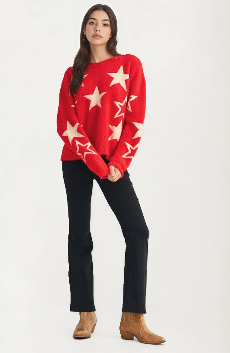 Knit and Lounge Cozy Star Pattern Soft Knit Sweater, Alternate, color, Red / White Stars