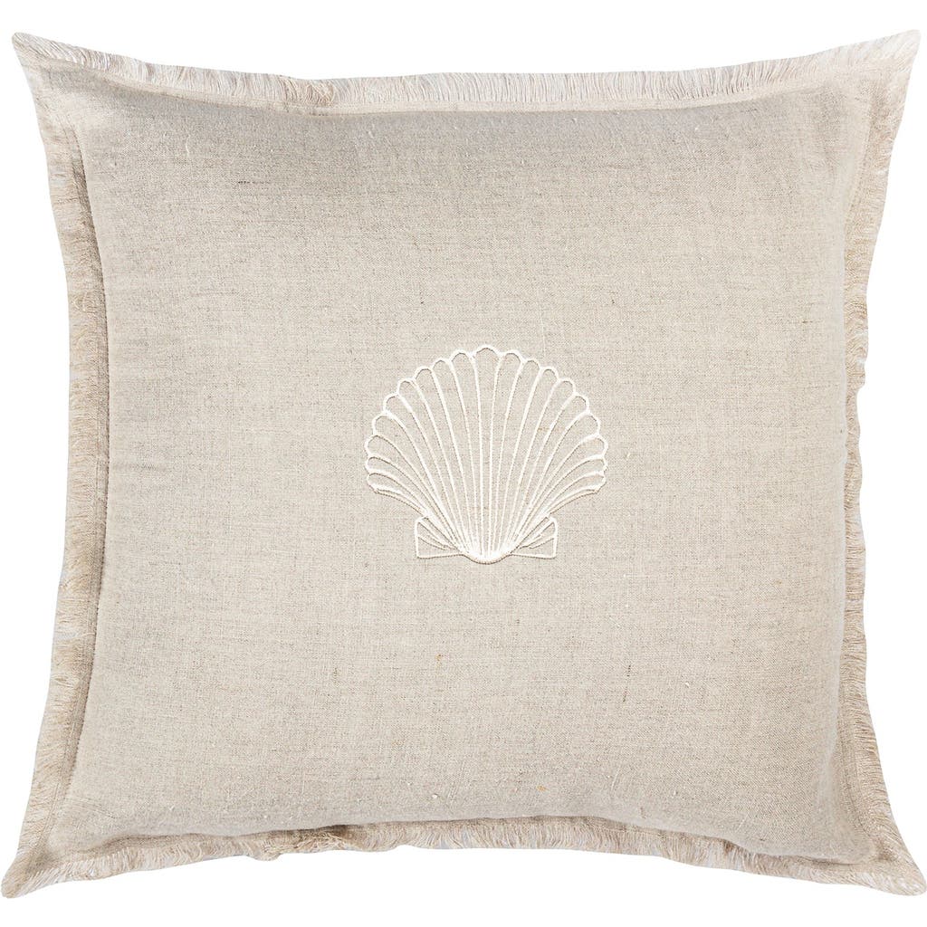 Anaya Seashell Beige Embroidered Linen Fringe Pillow With Down Insert In Beige