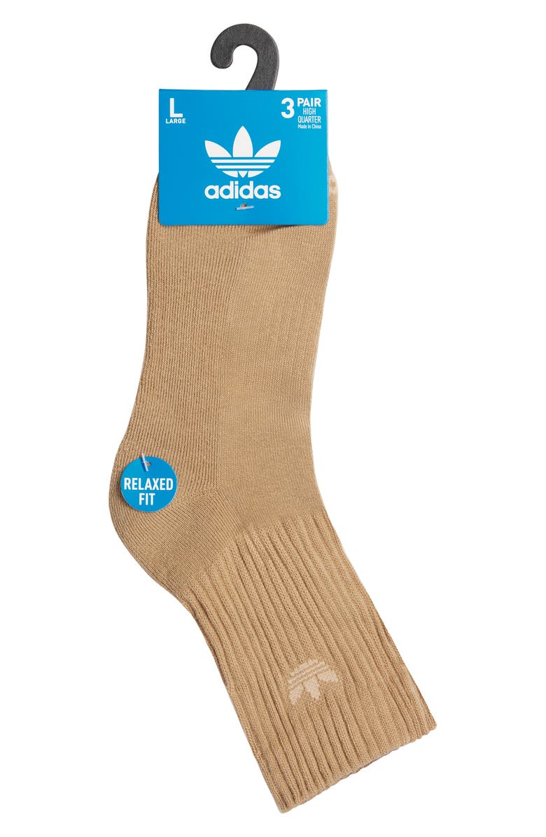 adidas Assorted 3-Pack Trefoil Performance Crew Socks, Alternate, color, Brown/ Heather Grey/ Ash Blue