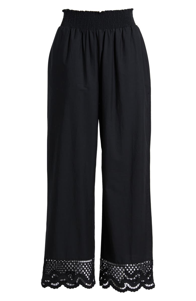 Rails Henrik Smocked Waist Lace Trim Cotton Wide Leg Pants, Alternate, color, Black
