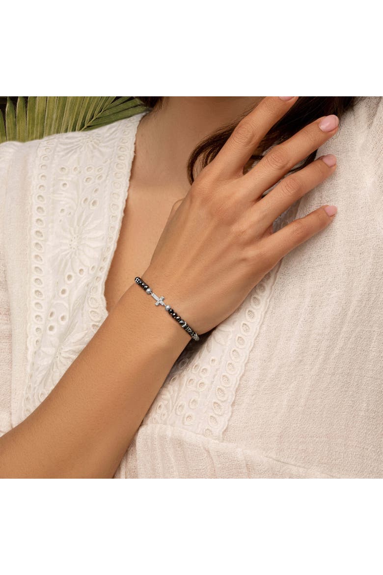 Hematite Sterling Silver Cross Charm Women's Beaded Bracelet - Grounded in Faith, Alternate, color, Black/silver
