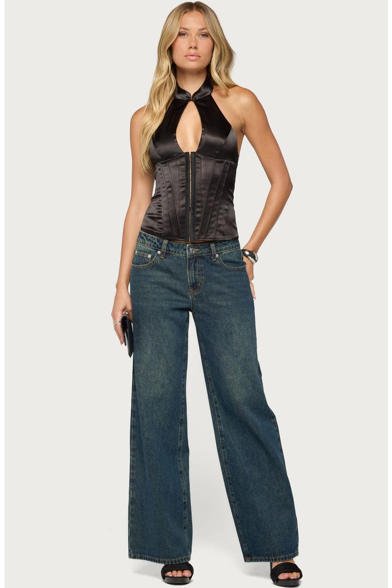 Yaeva Cutout Lace-Up Halter Corset Top, Alternate, color, BLACK