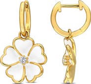 DELMAR White Topaz & Enamel Floral Drop Huggie Hoop Earrings