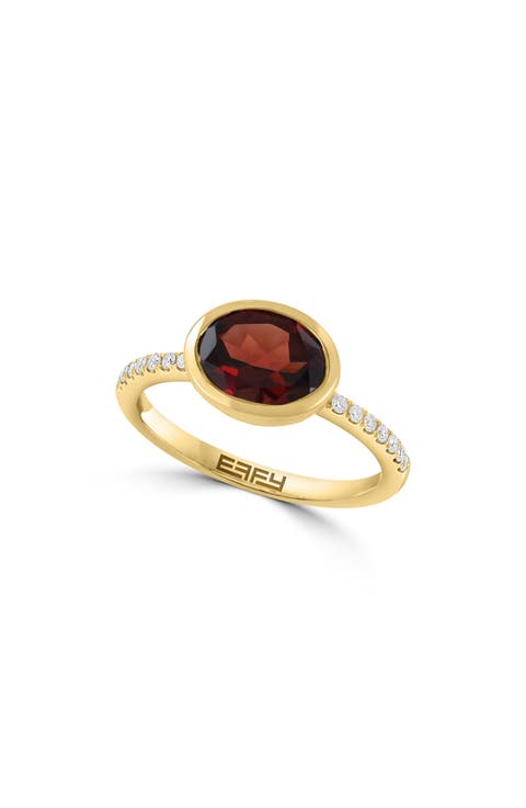 14K Yellow Gold Oval Garnet & Diamond Ring - 0.11ct.