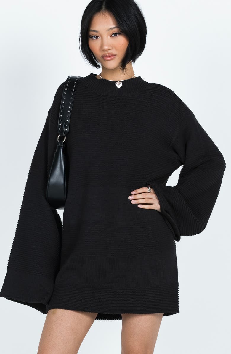 Princess Polly Cheyenne Ottoman Stitch Long Sleeve Sweater Minidress, Alternate, color, Black