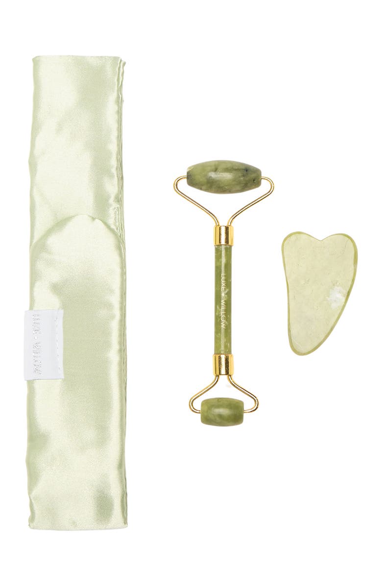LUXE AND WILLOW Jade Roller, Gua Sha, & Anti-Wrinkle Satin Headband 3 Piece At-Home Spa Set, Main, color,