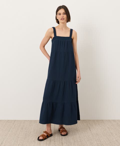 Organic Cotton Coastal Double Gauze Strappy Tiered Dress