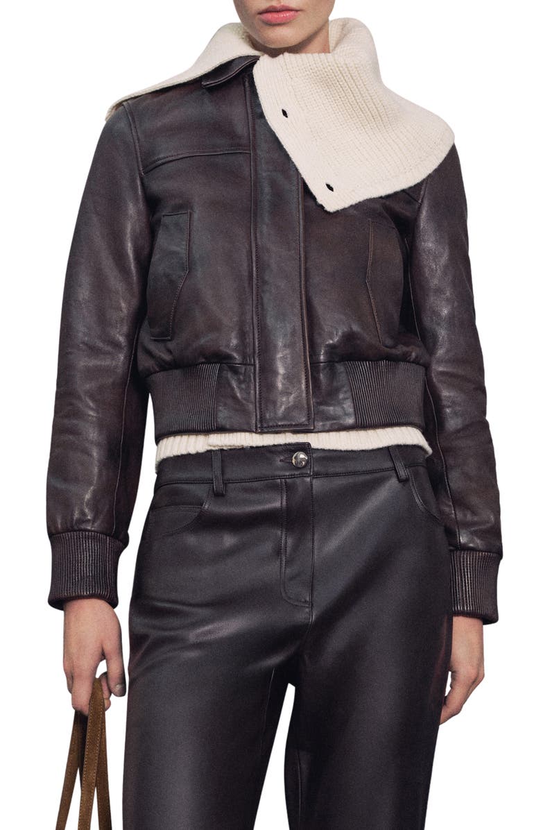 MANGO Crop Leather Bomber Jacket, Main, color, 