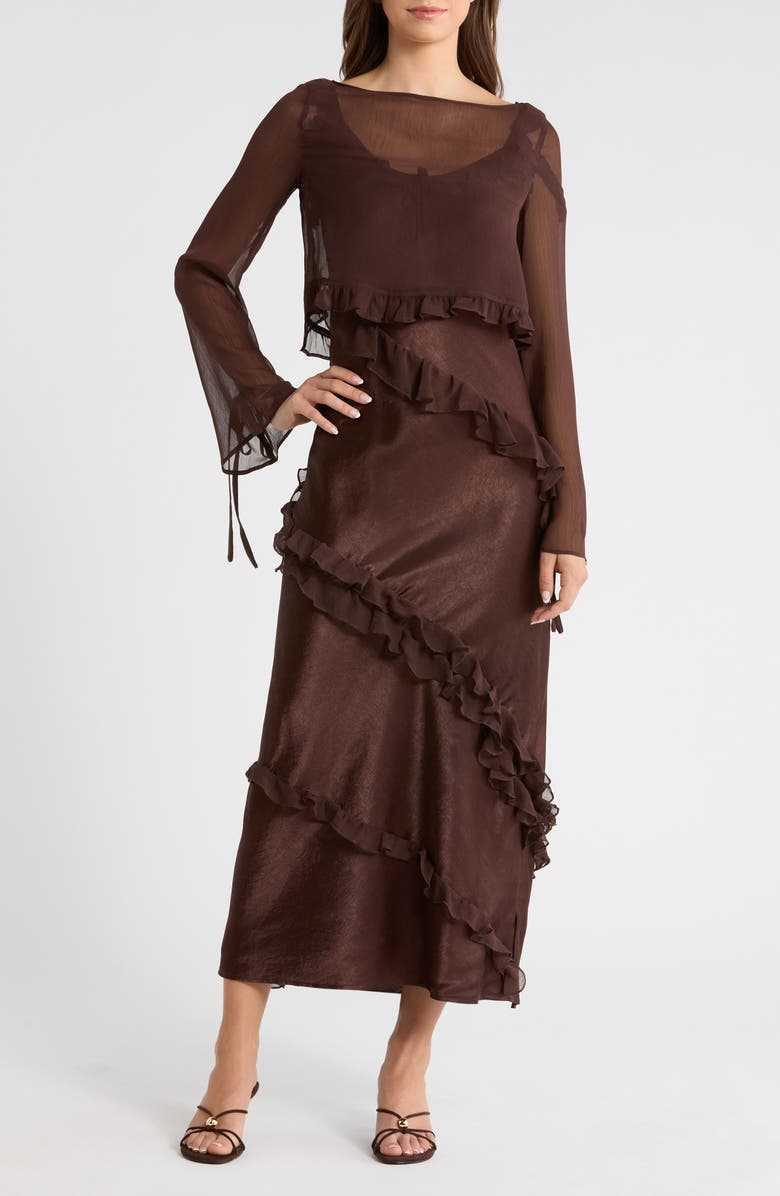 Damson Madder Carmen Ruffle Long Sleeve Satin Midi Dress, Main, color, Chocolate