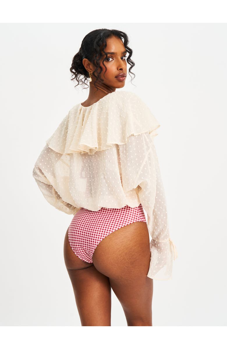 Miss Circle Magali Dotted Mesh Ruffle V Collar Top, Alternate, color, Beige