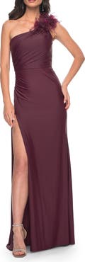 La Femme One Shoulder Jersey Gown with Feather Detail