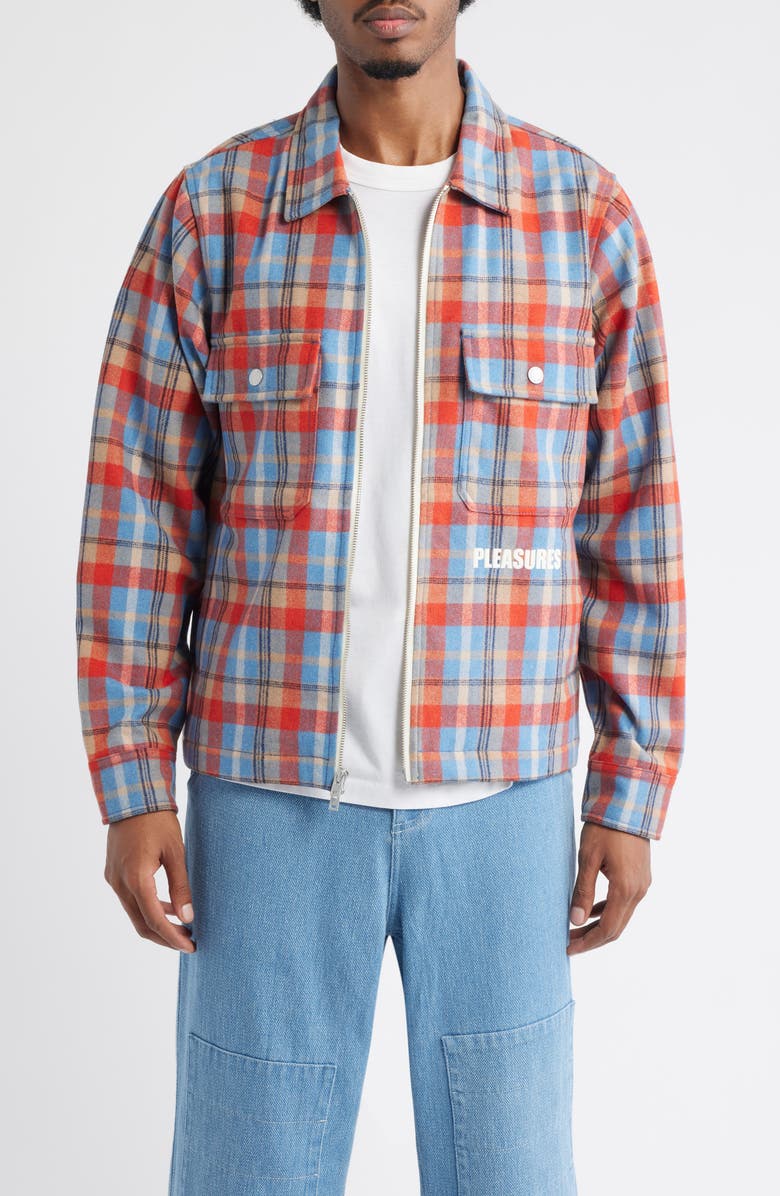 PLEASURES Folklore Plaid Brushed Wool Blend Zip-Up Work Jacket, Main, color, Blue / Red