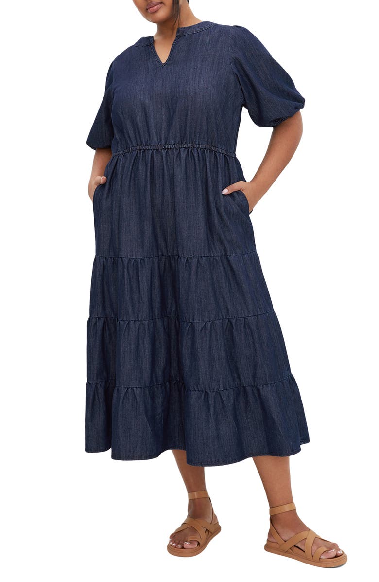 City Chic August Tiered Midi Dress, Main, color, Dark Denim