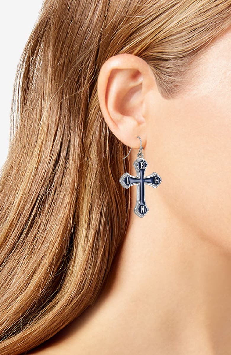 True Religion Logo Cross Drop Earrings, Alternate, color, Silver Tone