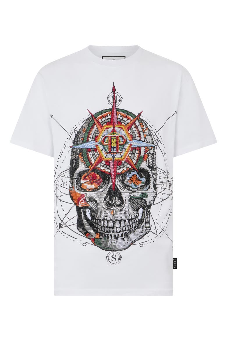 Round Neck T-Shirt Wind Rose Skull Stones Men, Main, color, white