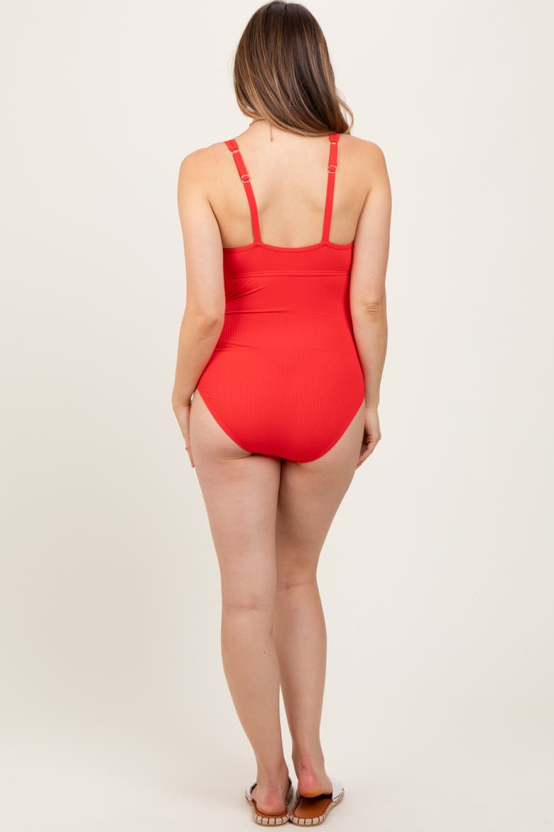 Ribbed Split Neckline Swimsuit, Alternate, color, Red
