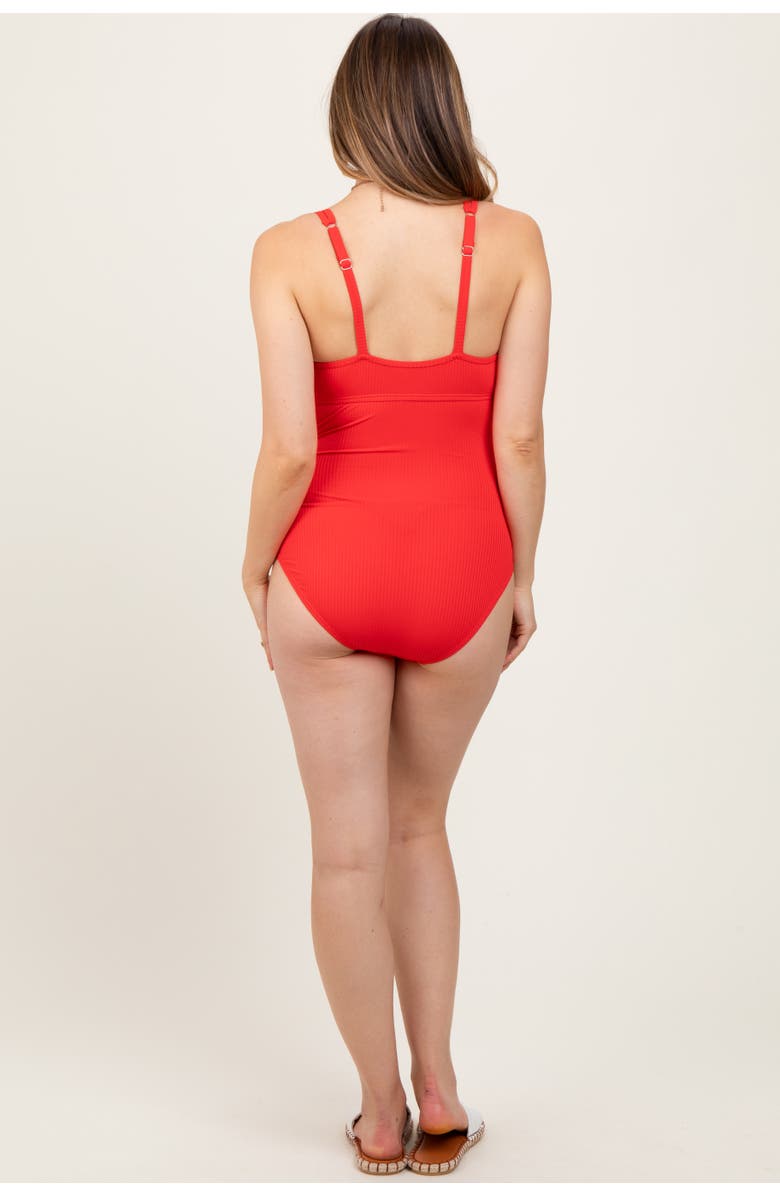 PinkBlush Ribbed Split Neckline Swimsuit, Alternate, color, Red
