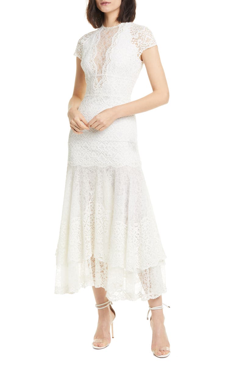 Simkhai Jonathan Simkhai Tiered Mixed Lace Midi Dress, Main, color, 
