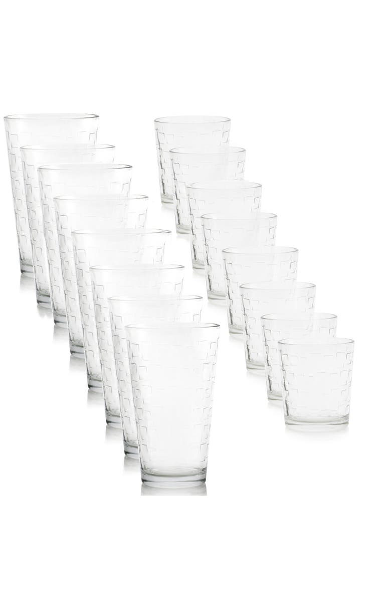 Gibson Home Great Foundations 16 Piece Tumbler and Double Old Fashioned Glass Set in Square Pattern, Alternate, color, Clear