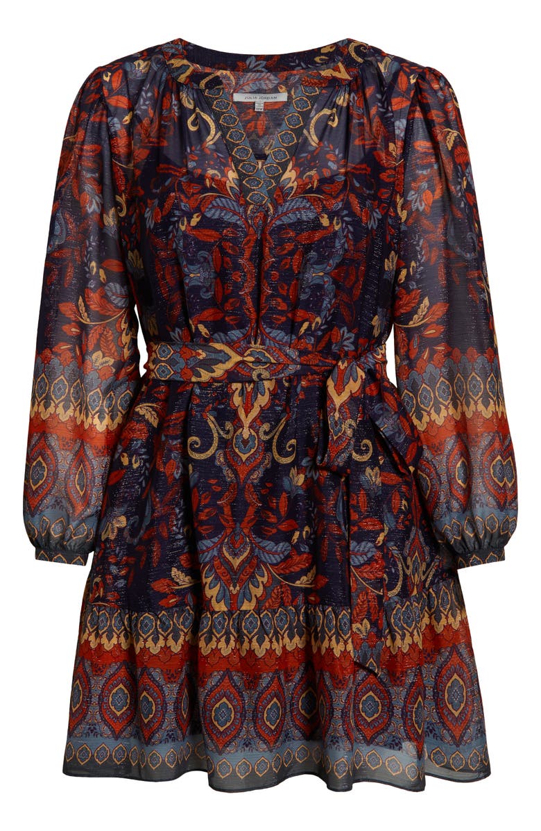 Julia Jordan Metallic Belted Long Sleeve Chiffon Dress, Alternate, color, Navy Orange